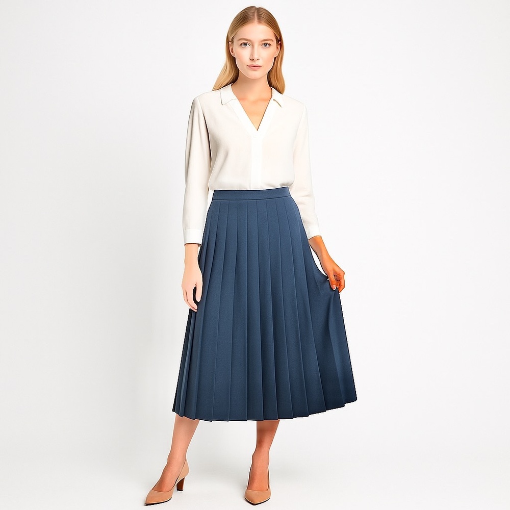 Vintage Navy Pleated Midi Skirt | Size 9
